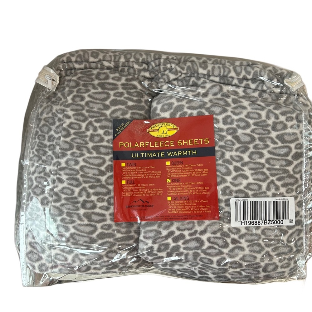 Berkshire Blanket Polar Fleece Sheet Set - King - Grey Leopard Print